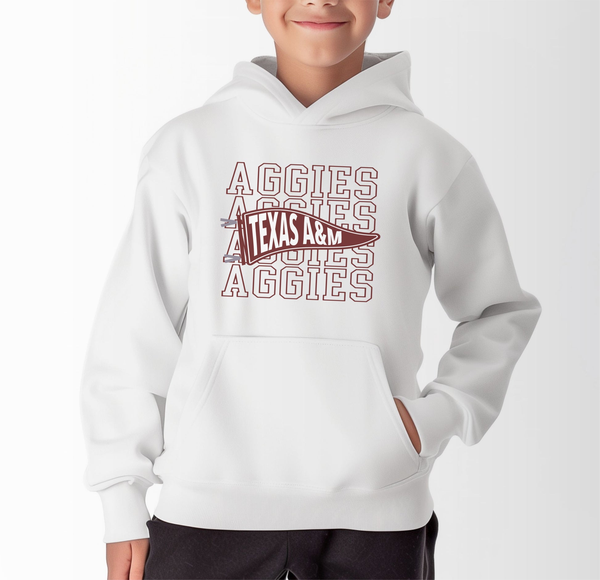 A model wears the White Youth Unisex Texas A&M Aggies Pennant Hooded Sweatshirt.  The ﻿Texas A&M Aggies Pennant﻿ graphic is in bold Maroon in a Varsity style.