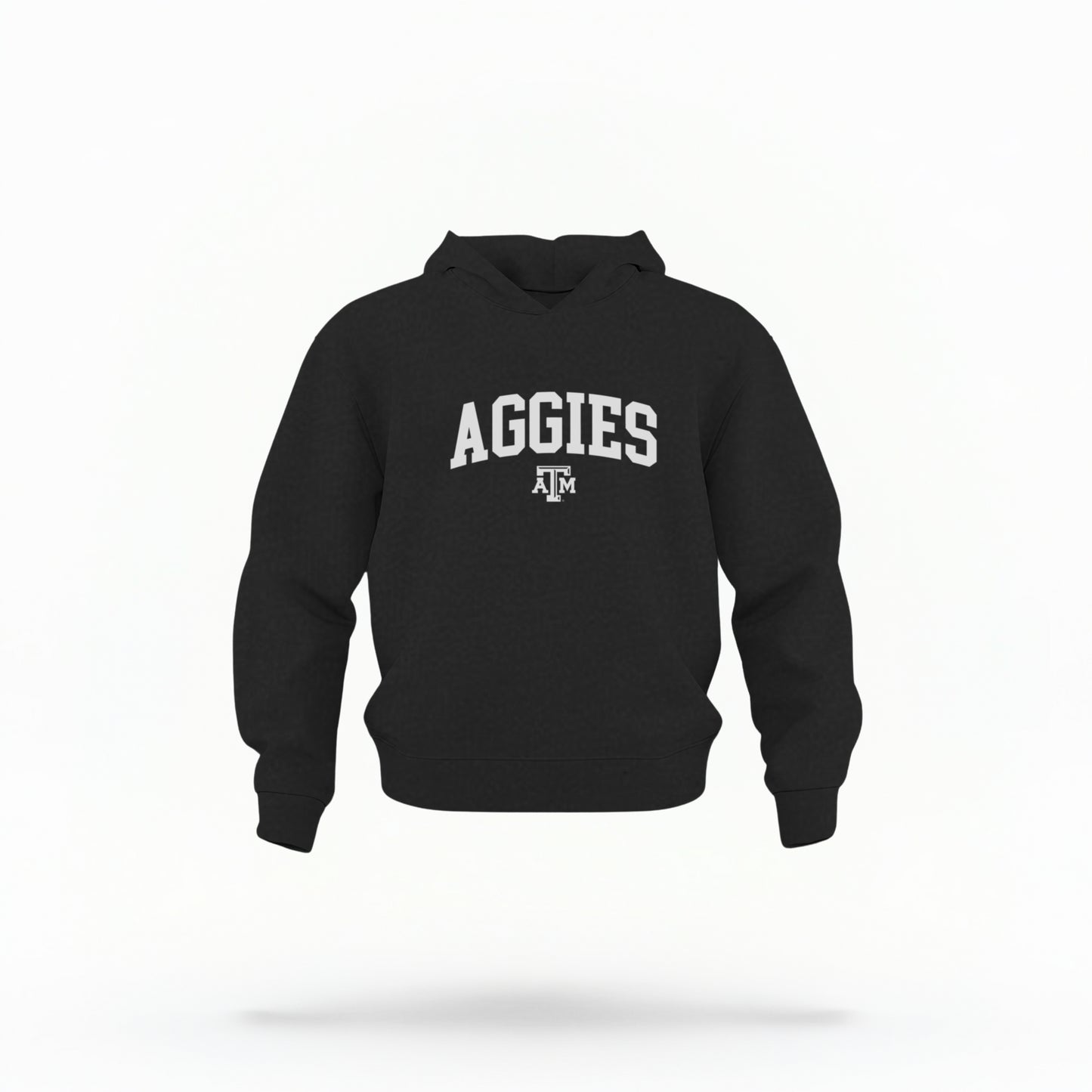 The Black Toddler Unisex Texas A&M Aggies Collegiate Hooded Sweatshirt lays flat on a white background. The ﻿Texas A&M Aggies Collegiate﻿ graphic is in bold White in a Varsity style.