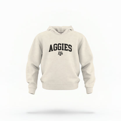 The Pink Toddler Unisex Texas A&M Aggies Collegiate Hooded Sweatshirt lays flat on a white background. The ﻿Texas A&M Aggies Collegiate﻿ graphic is in bold White in a Varsity style.