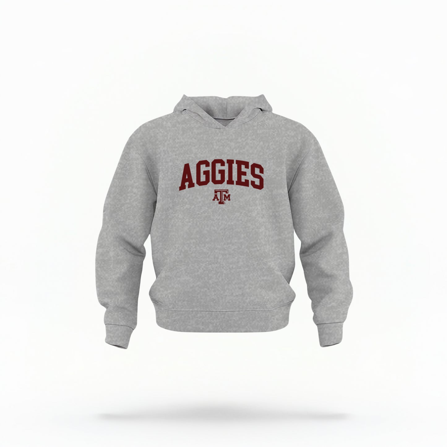 The Heather Grey Toddler Unisex Texas A&M Aggies Collegiate Hooded Sweatshirt lays flat on a white background. The ﻿Texas A&M Aggies Collegiate﻿ graphic is in bold Maroon in a Varsity style.