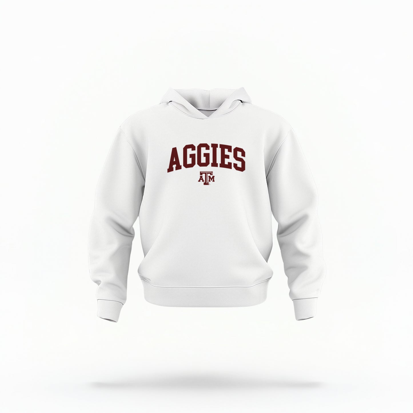 The White Toddler Unisex Texas A&M Aggies Collegiate Hooded Sweatshirt lays flat on a white background. The ﻿Texas A&M Aggies Collegiate﻿ graphic is in bold Maroon in a Varsity style.