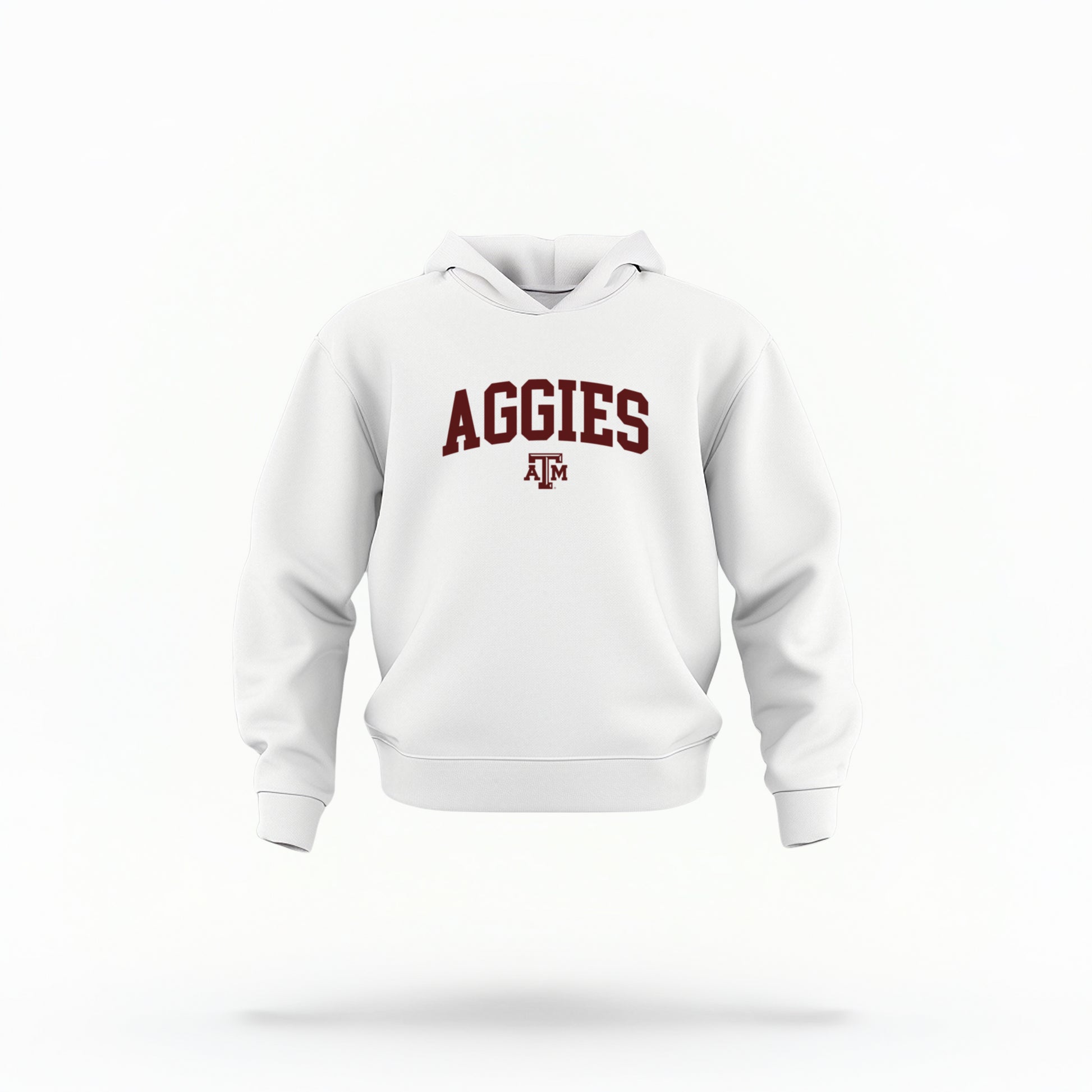 The White Toddler Unisex Texas A&M Aggies Collegiate Hooded Sweatshirt lays flat on a white background. The ﻿Texas A&M Aggies Collegiate﻿ graphic is in bold Maroon in a Varsity style.