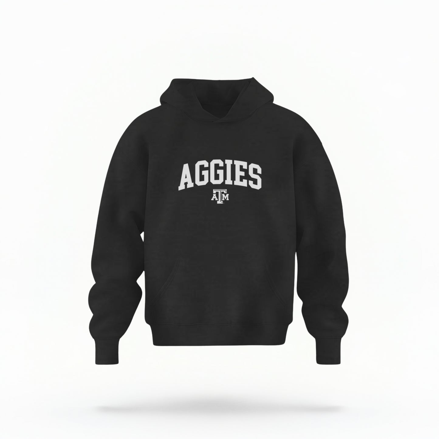 The Black Youth Unisex Texas A&M Aggies Collegiate Hooded Sweatshirt lays flat on a white background. The ﻿Texas A&M Aggies Collegiate﻿ graphic is in bold White in a Varsity style.