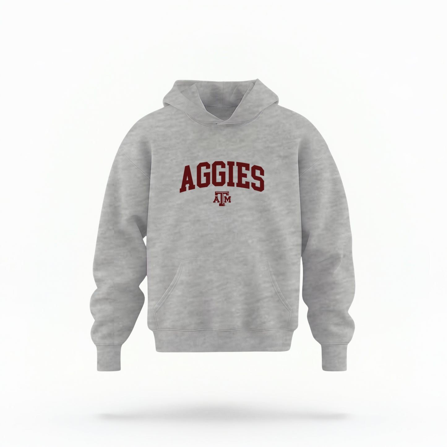 The Sport Grey Youth Unisex Texas A&M Aggies Collegiate Hooded Sweatshirt lays flat on a white background. The ﻿Texas A&M Aggies Collegiate﻿ graphic is in bold Maroon in a Varsity style.