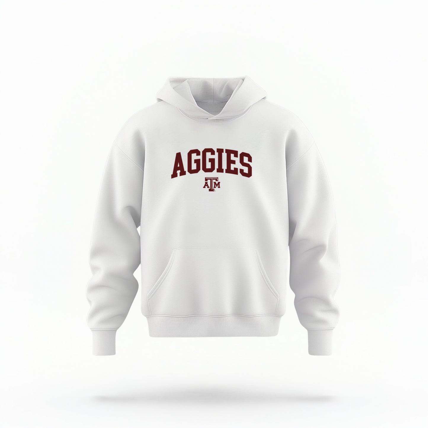 The White Youth Unisex Texas A&M Aggies Collegiate Hooded Sweatshirt lays flat on a white background. The ﻿Texas A&M Aggies Collegiate﻿ graphic is in bold Maroon in a Varsity style.