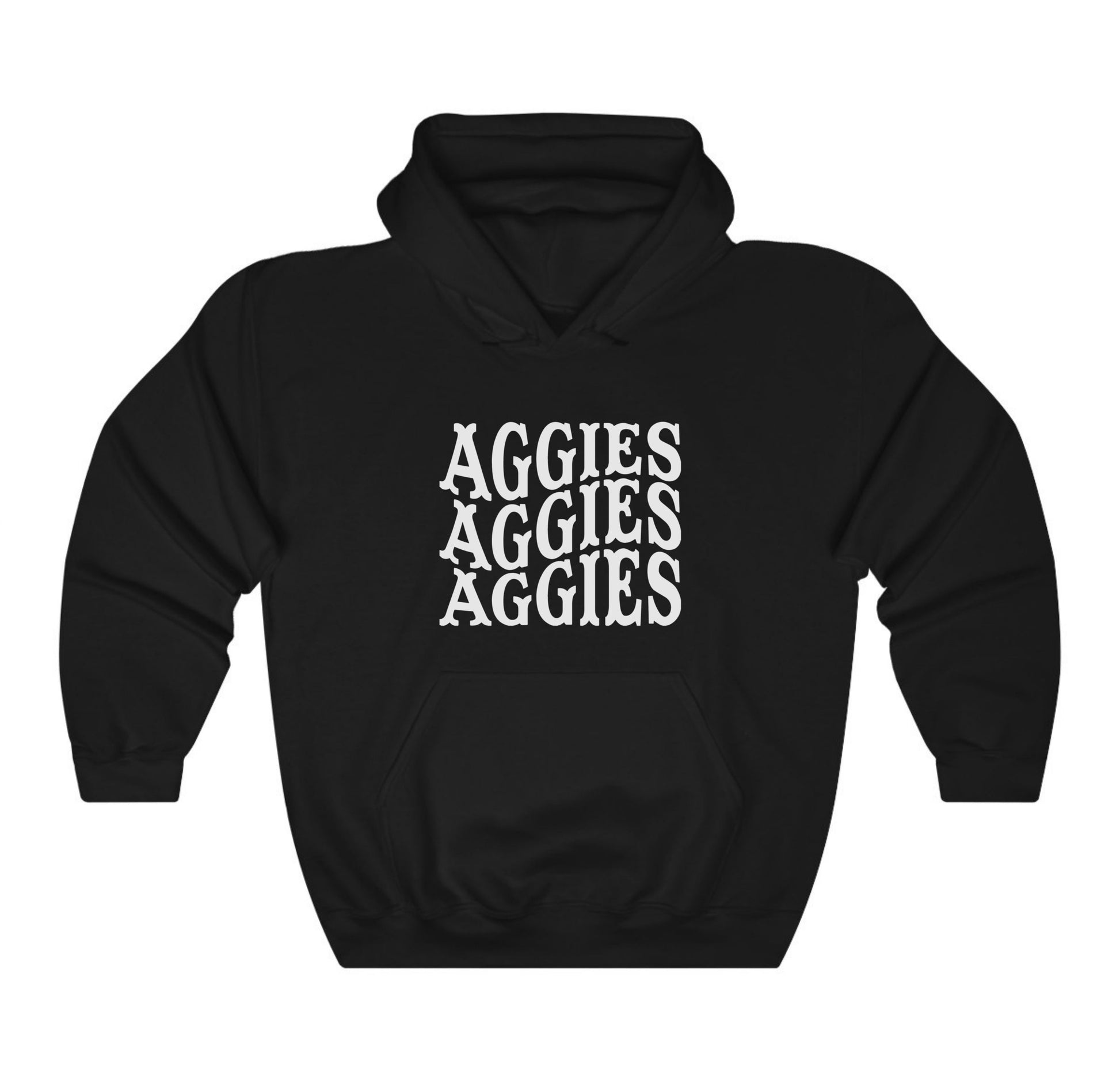 The Black Adult Unisex Texas A&M Aggies Aggies Aggies Western Hooded Sweatshirt lays flat on a white background. The ﻿Texas A&M Aggies Aggies Aggies Western﻿ graphic is in bold Black in a Western style.