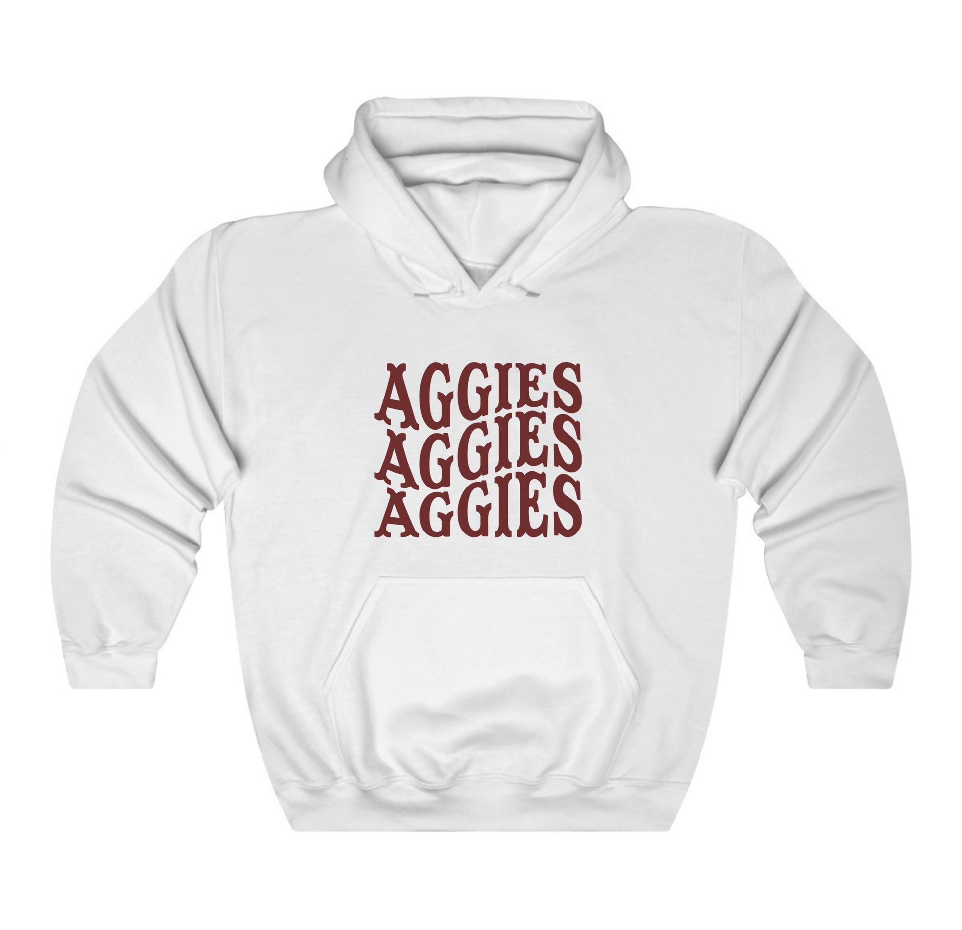 The White Adult Unisex Texas A&M Aggies Aggies Aggies Western Hooded Sweatshirt lays flat on a white background. The ﻿Texas A&M Aggies Aggies Aggies Western﻿ graphic is in bold Maroon in a Western style.