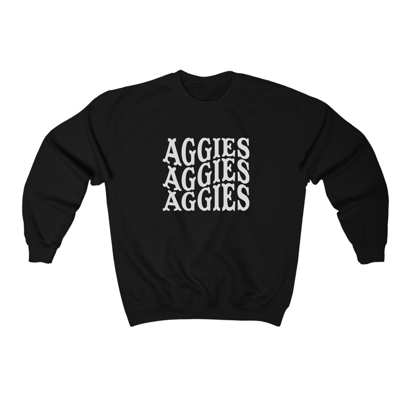 The Black Adult Unisex Texas A&M Aggies Aggies Aggies Western Crewneck Sweatshirt lays flat on a white background. The ﻿Texas A&M Aggies Aggies Aggies Western﻿ graphic is in bold White in a Western style.