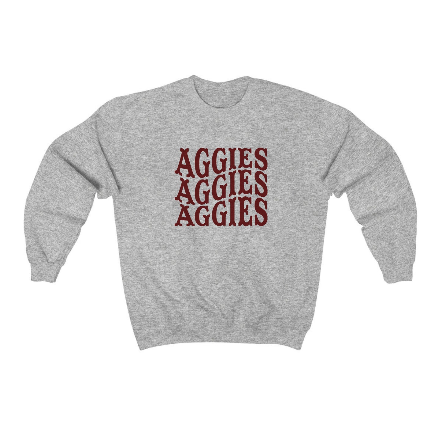 The Sport Grey Adult Unisex Texas A&M Aggies Aggies Aggies Western Crewneck Sweatshirt lays flat on a white background. The ﻿Texas A&M Aggies Aggies Aggies Western﻿ graphic is in bold Maroon in a Western style.