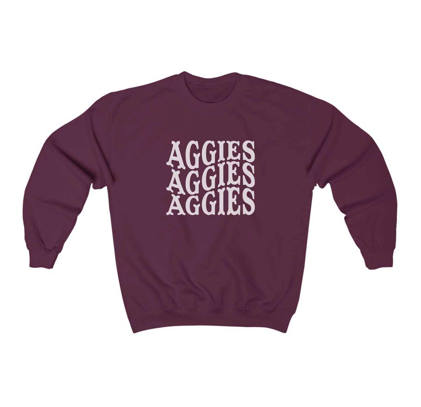 The Maroon Adult Unisex Texas A&M Aggies Aggies Aggies Western Crewneck Sweatshirt lays flat on a white background. The ﻿Texas A&M Aggies Aggies Aggies Western﻿ graphic is in bold White in a Western style.