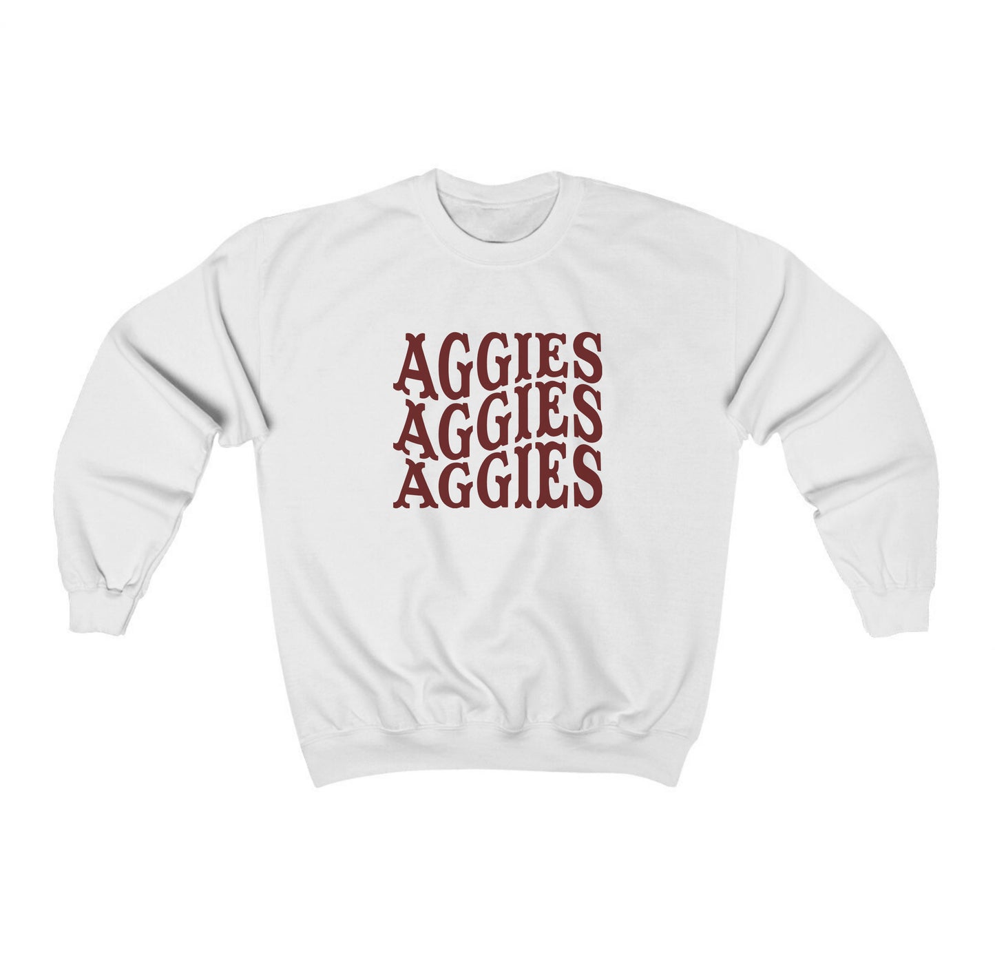 The White Adult Unisex Texas A&M Aggies Aggies Aggies Western Crewneck Sweatshirt lays flat on a white background. The ﻿Texas A&M Aggies Aggies Aggies Western﻿ graphic is in bold Maroon in a Western style.