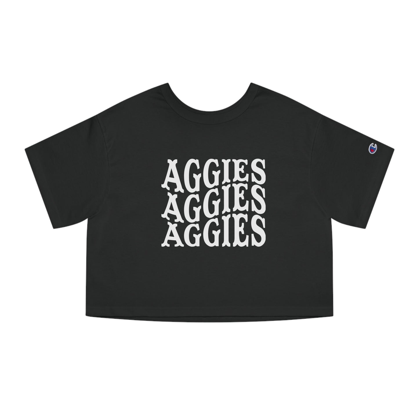 The Black Adult Womens Texas A&M Aggies Aggies Aggies Western Crop Top lays flat on a white background. The ﻿Texas A&M Aggies Aggies Aggies Western﻿ graphic is in bold White in a Western style.