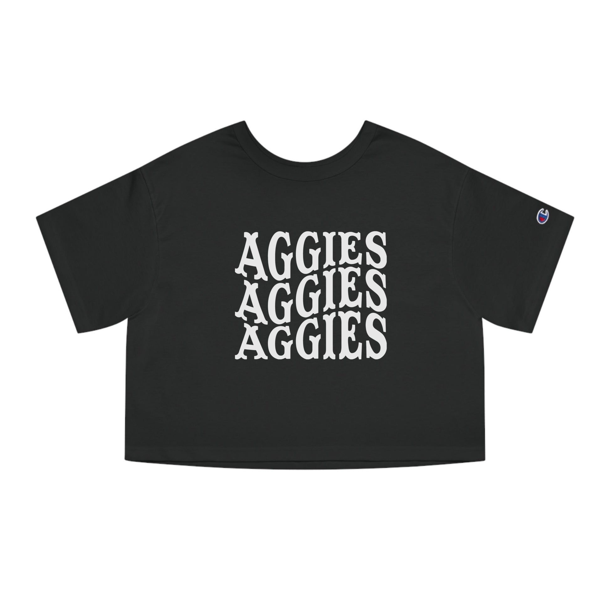 The Black Adult Womens Texas A&M Aggies Aggies Aggies Western Crop Top lays flat on a white background. The ﻿Texas A&M Aggies Aggies Aggies Western﻿ graphic is in bold White in a Western style.