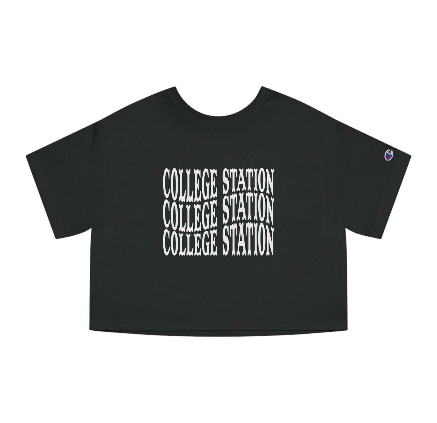 The Black Adult Womens College Station Western Crop Top lays flat on a white background. The ﻿College Station Western﻿ graphic is in bold White in a Western style.