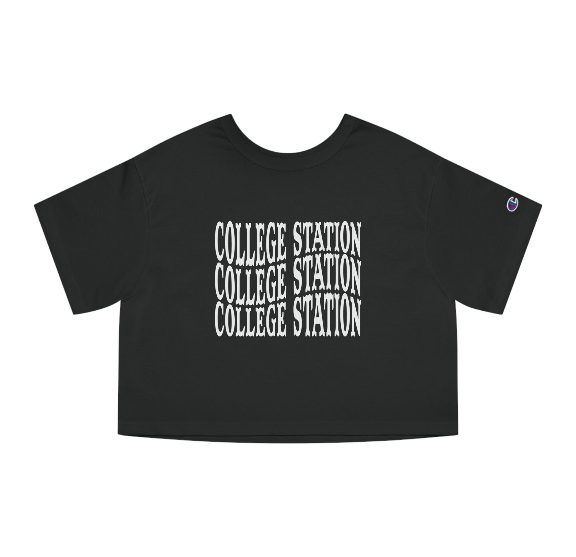 The Black Adult Womens College Station Western Crop Top lays flat on a white background. The ﻿College Station Western﻿ graphic is in bold White in a Western style.