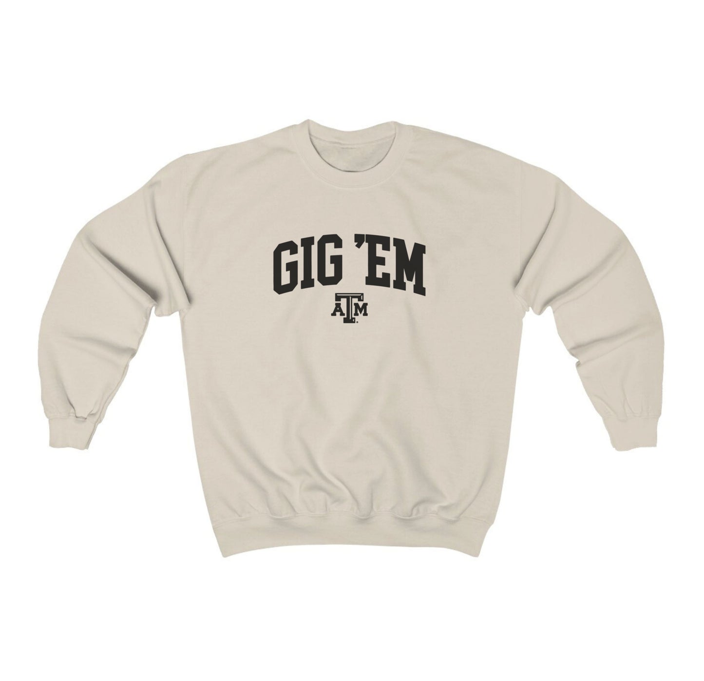 The Sand Adult Unisex Texas A&M Gig 'Em Collegiate Crewneck Sweatshirt lays flat on a white background. The ﻿Texas A&M Gig 'Em Collegiate﻿ graphic is in bold Black in a Collegiate style.