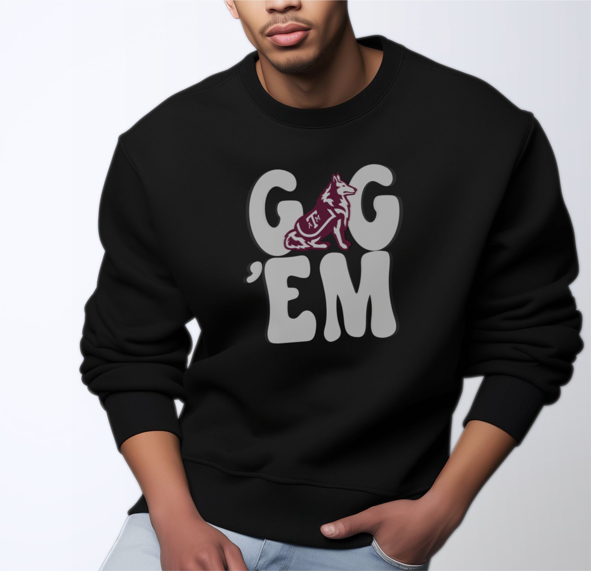 A model wears the Black Adult Unisex Texas A&M Gig 'Em Retro Reveille Crewneck Sweatshirt.  The ﻿Texas A&M Gig 'Em Retro Reveille﻿ graphic is in bold White in a Groovy Vintage style.