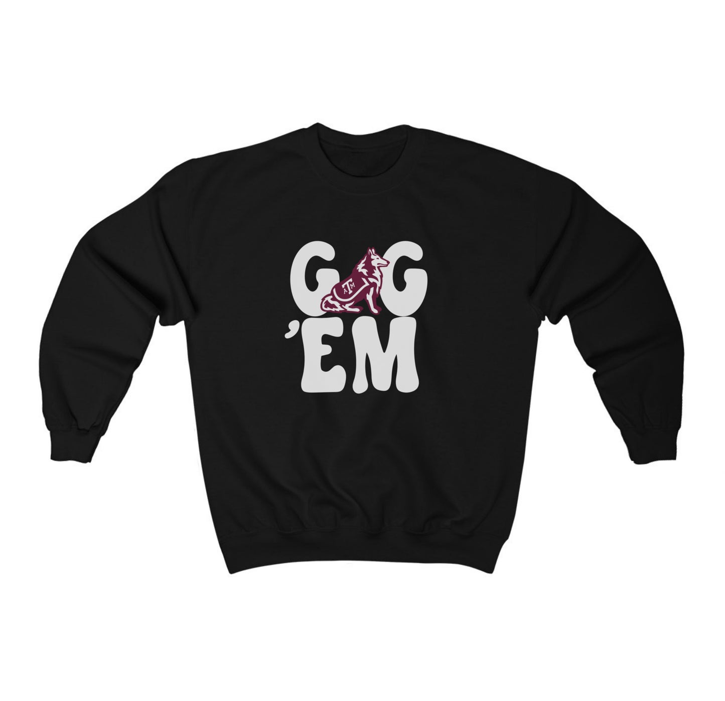 The Black Adult Unisex Texas A&M Gig 'Em Retro Reveille Crewneck Sweatshirt lays flat on a white background. The ﻿Texas A&M Gig 'Em Retro Reveille﻿ graphic is in bold White in a Groovy Vintage style.