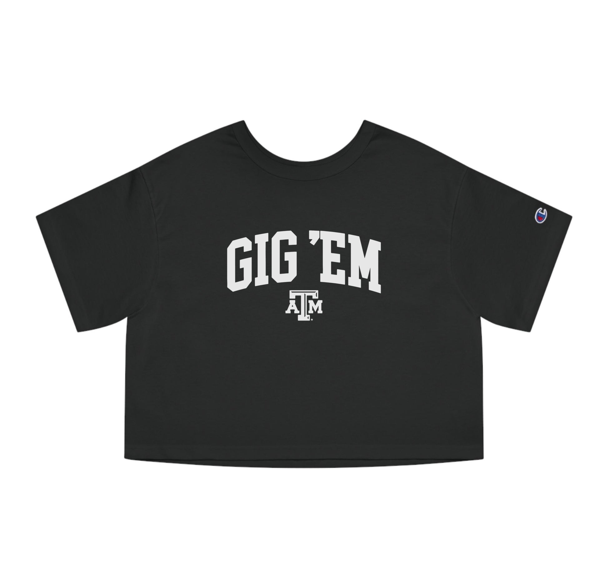 The Black Adult Womens Texas A&M Gig 'Em Collegiate Crop Top lays flat on a white background. The ﻿Texas A&M Gig 'Em Collegiate﻿ graphic is in bold White in a Collegiate style.