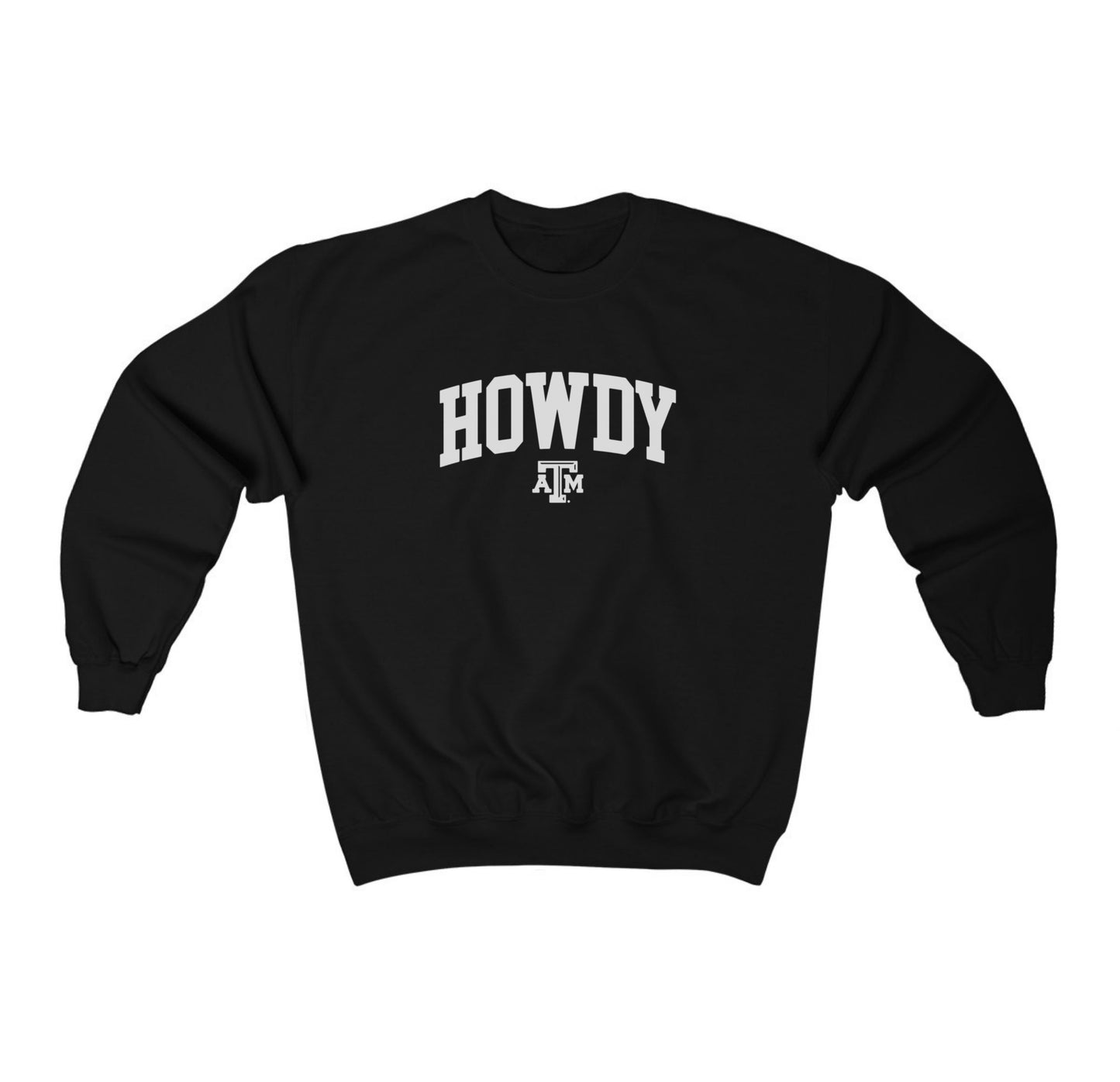 The Black Adult Unisex Texas A&M Howdy Varsity Crewneck Sweatshirt lays flat on a white background. The ﻿Texas A&M Howdy Varsity﻿ graphic is in bold White in a Collegiate style.