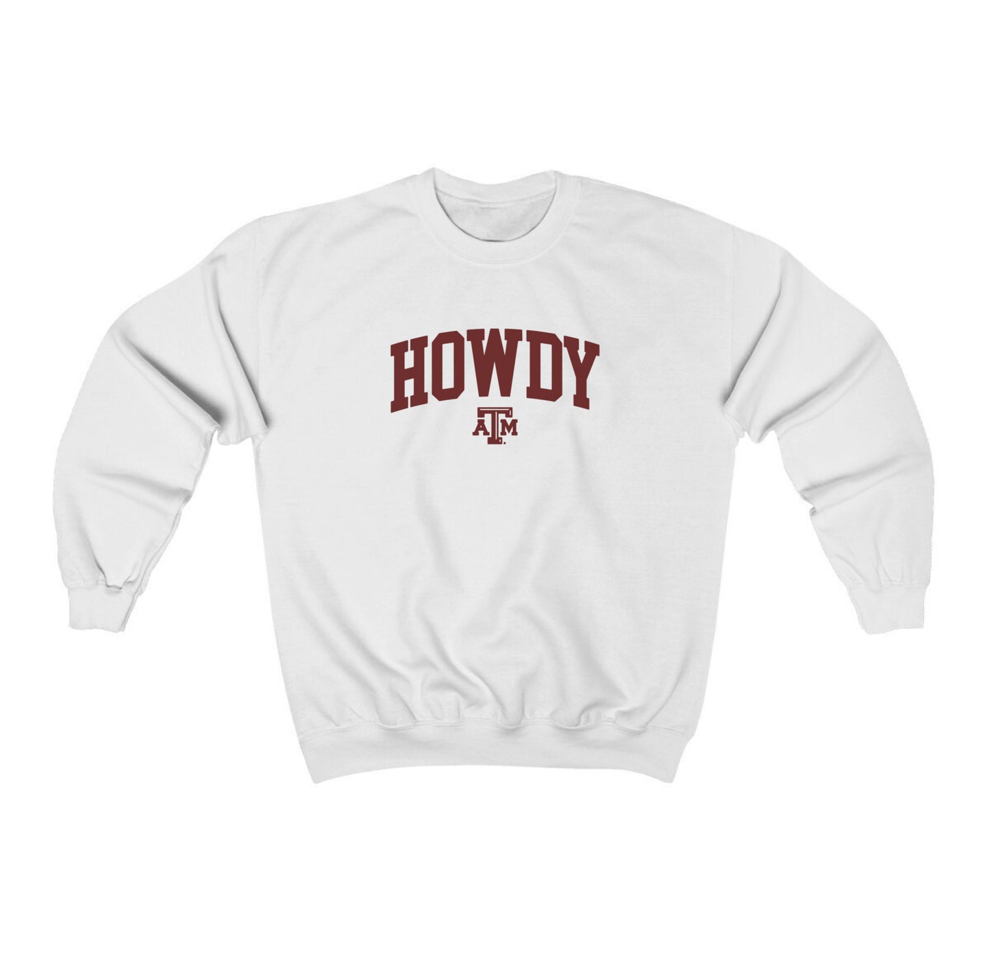 The White Adult Unisex Texas A&M Howdy Varsity Crewneck Sweatshirt lays flat on a white background. The ﻿Texas A&M Howdy Varsity﻿ graphic is in bold Maroon in a Collegiate style.