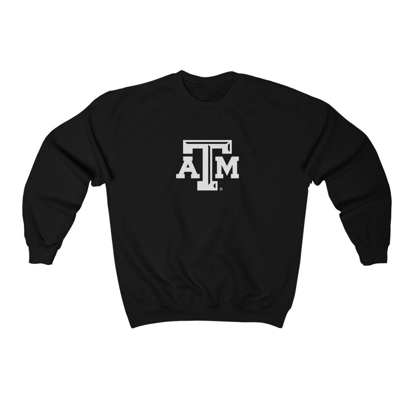 The Black Adult Unisex Texas A&M Logo Crewneck Sweatshirt lays flat on a white background. The ﻿Texas A&M Logo﻿ graphic is in bold White in a Varsity style.