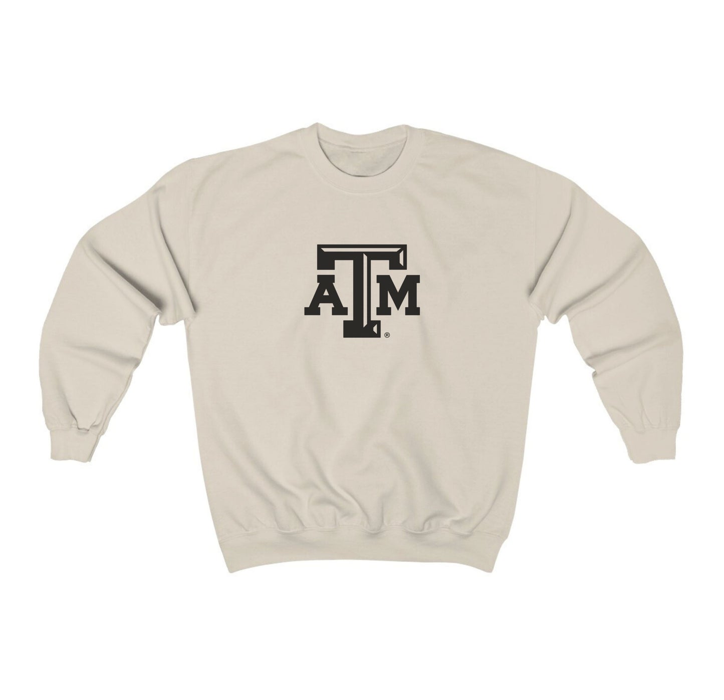 The Sand Adult Unisex Texas A&M Logo Crewneck Sweatshirt lays flat on a white background. The ﻿Texas A&M Logo﻿ graphic is in bold Black in a Varsity style.