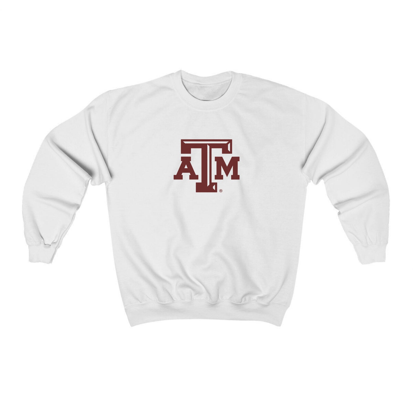 The White Adult Unisex Texas A&M Logo Crewneck Sweatshirt lays flat on a white background. The ﻿Texas A&M Logo﻿ graphic is in bold Maroon in a Varsity style.