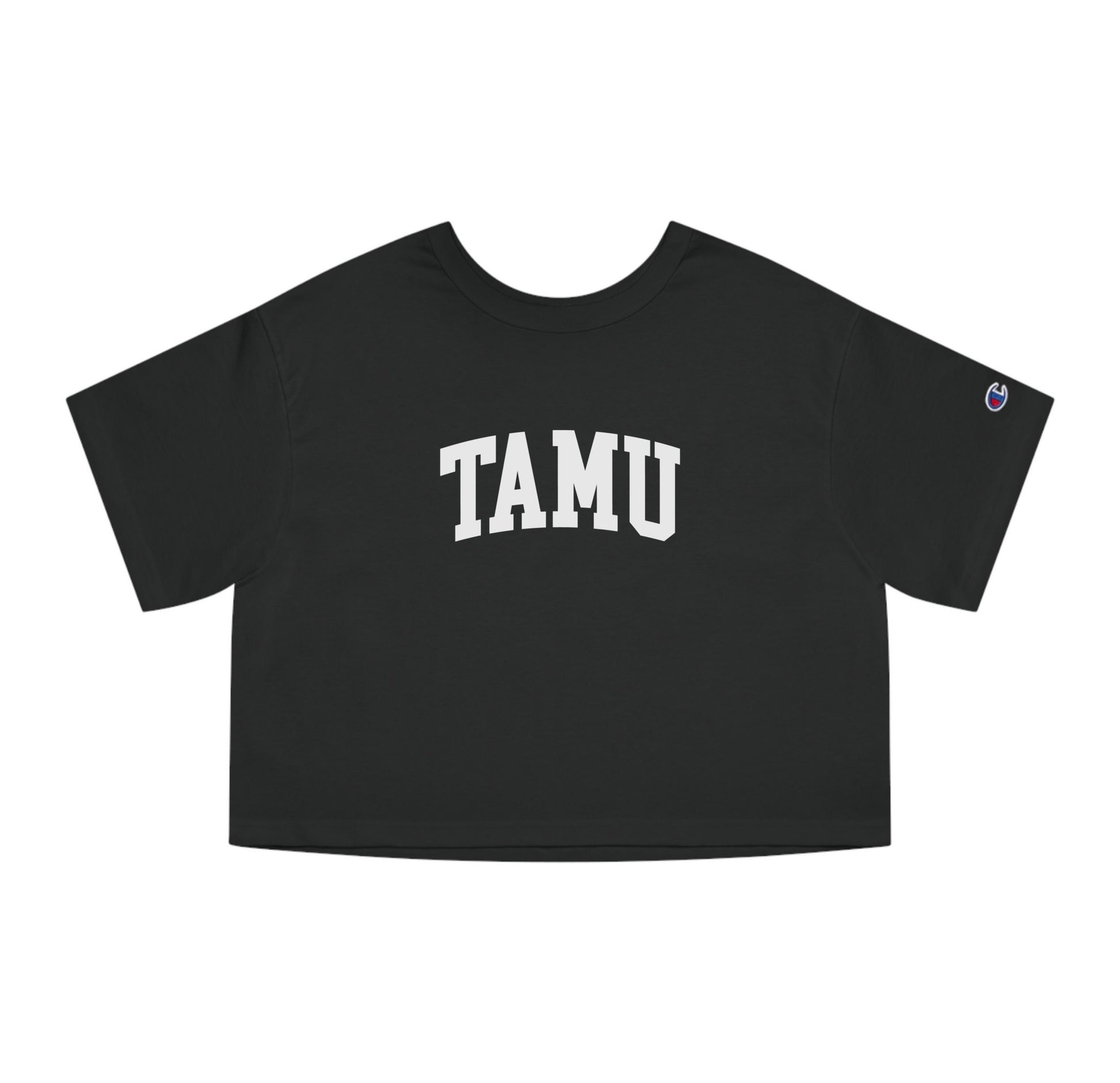 The Black Adult Womens Texas A&M TAMU Crop Top lays flat on a white background. The ﻿Texas A&M TAMU﻿ graphic is in bold White in a Collegiate style.