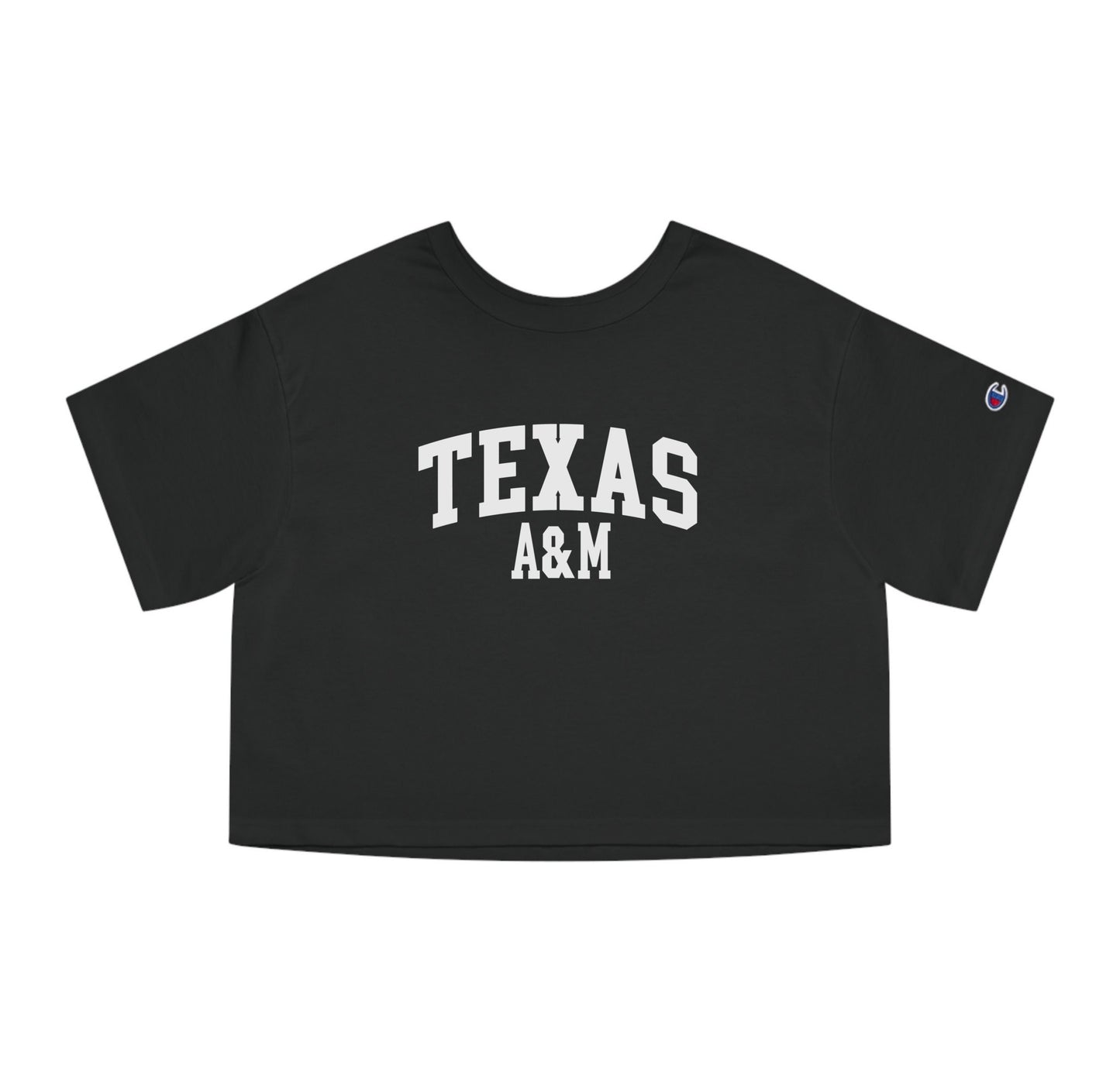 The Black Adult Womens Texas A&M Varsity Crop Top lays flat on a white background. The ﻿Texas A&M Varsity﻿ graphic is in bold White in a Collegiate style.