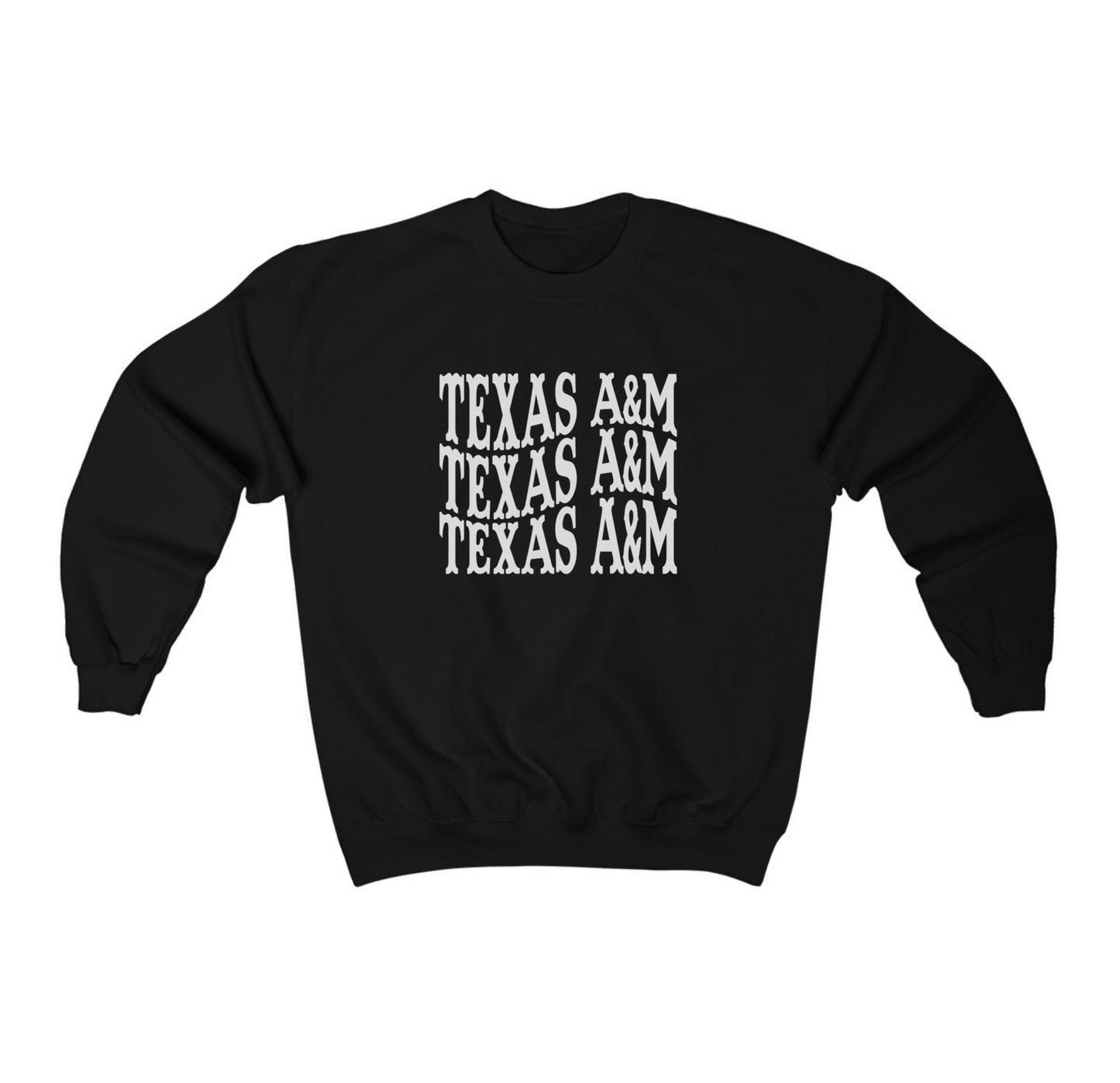 The Black Adult Unisex Texas A&M Western Crewneck Sweatshirt lays flat on a white background. The ﻿Texas A&M Western﻿ graphic is in bold White in a Western style.