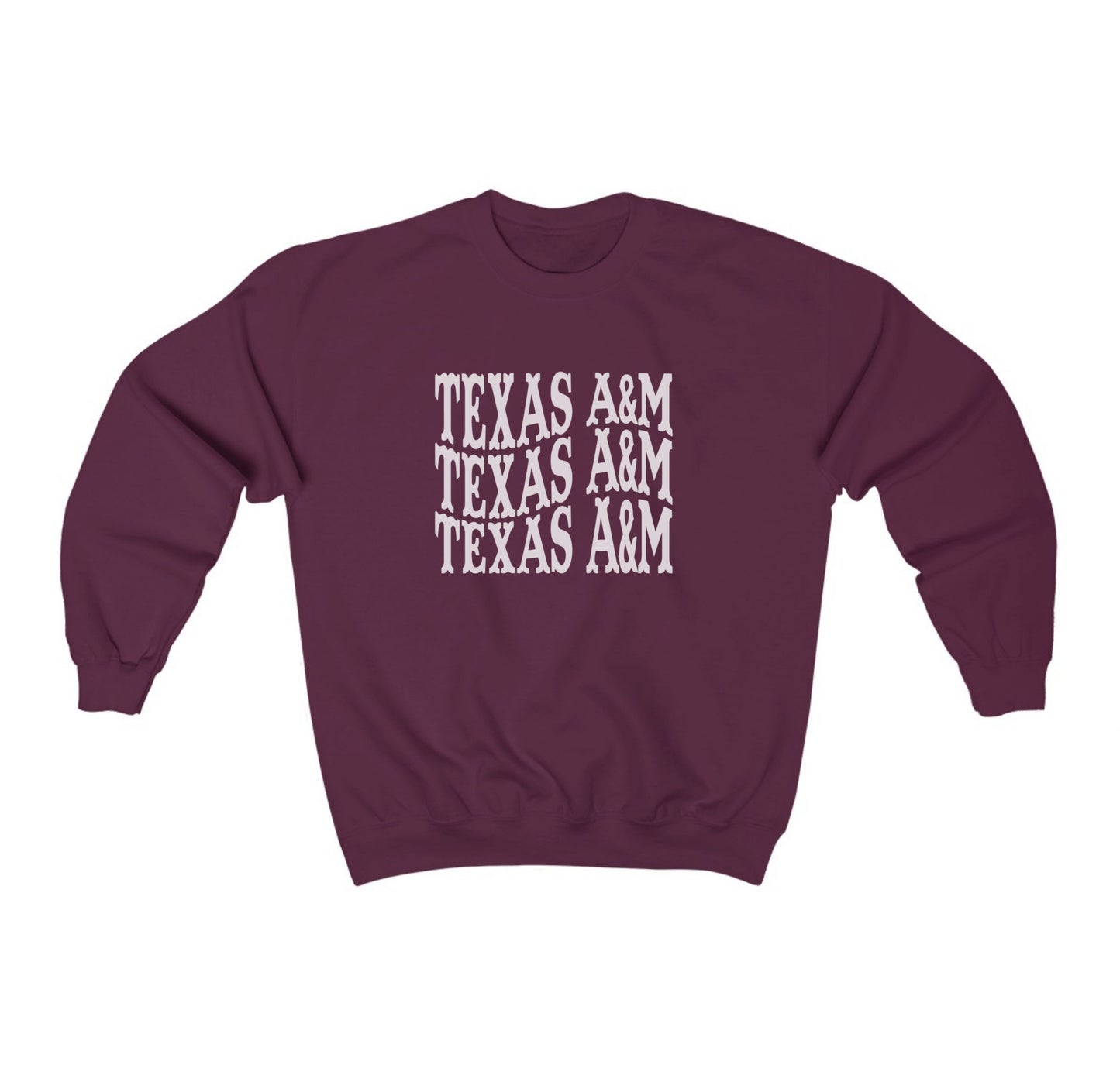 The Maroon Adult Unisex Texas A&M Western Crewneck Sweatshirt lays flat on a white background. The ﻿Texas A&M Western﻿ graphic is in bold White in a Western style.