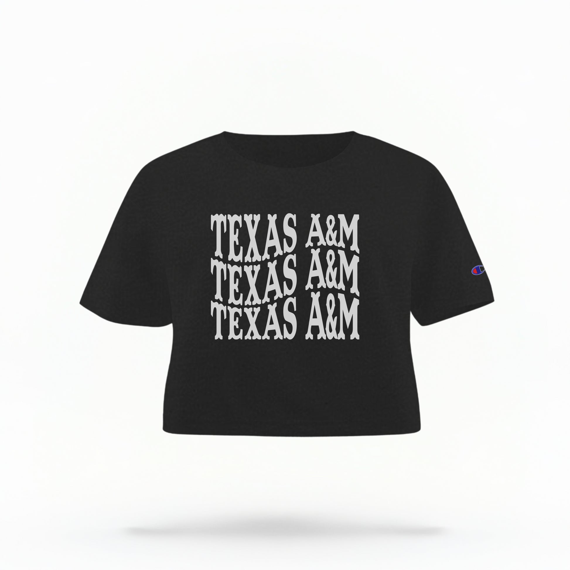 The Black Adult Womens Texas A&M Western Crop Top lays flat on a white background. The ﻿Texas A&M Western﻿ graphic is in bold White in a Western style.