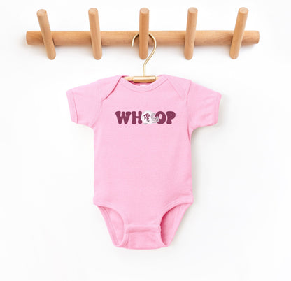 The Pink Infant Unisex Texas A&M Retro Whoop Bodysuit lays flat on a white background. The ﻿Texas A&M Retro Whoop﻿ graphic is in bold Maroon in a Vintage style.