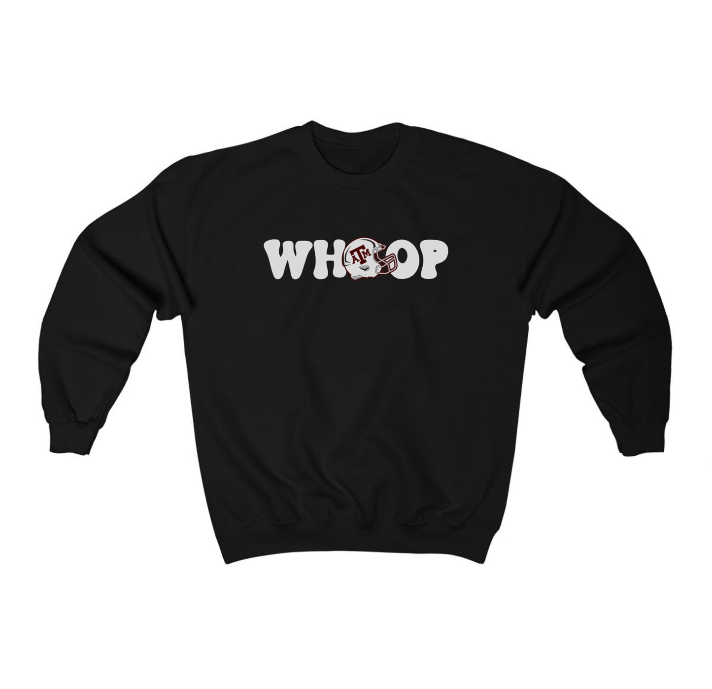 The Black Adult Unisex Texas A&M Retro Whoop Crewneck Sweatshirt lays flat on a white background. The ﻿Texas A&M Retro Whoop﻿ graphic is in bold White in a Vintage style.