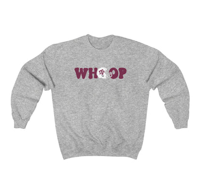 The Sport Grey Adult Unisex Texas A&M Retro Whoop Crewneck Sweatshirt lays flat on a white background. The ﻿Texas A&M Retro Whoop﻿ graphic is in bold Maroon in a Vintage style.