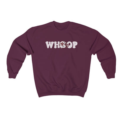 The Maroon Adult Unisex Texas A&M Retro Whoop Crewneck Sweatshirt lays flat on a white background. The ﻿Texas A&M Retro Whoop﻿ graphic is in bold White in a Vintage style.