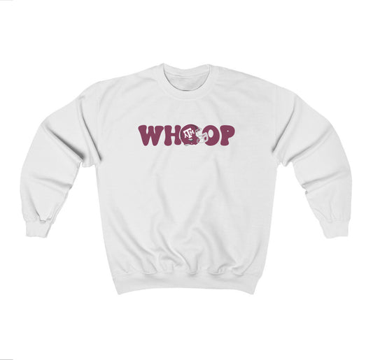 The White Adult Unisex Texas A&M Retro Whoop Crewneck Sweatshirt lays flat on a white background. The ﻿Texas A&M Retro Whoop﻿ graphic is in bold Maroon in a Vintage style.