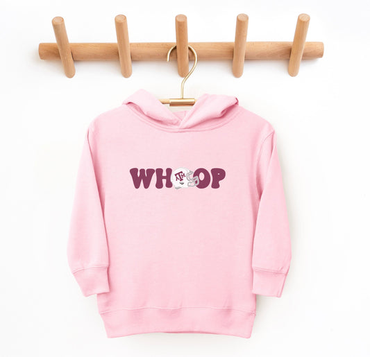 The Pink Toddler Unisex Texas A&M Retro Whoop Hooded Sweatshirt lays flat on a white background. The ﻿Texas A&M Retro Whoop﻿ graphic is in bold White in a Vintage style.