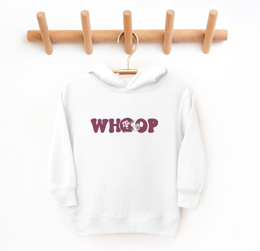 The White Toddler Unisex Texas A&M Retro Whoop Hooded Sweatshirt lays flat on a white background. The ﻿Texas A&M Retro Whoop﻿ graphic is in bold Maroon in a Vintage style.