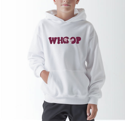 A model wears the White Youth Unisex Texas A&M Retro Whoop Hooded Sweatshirt.  The ﻿Texas A&M Retro Whoop﻿ graphic is in bold Maroon in a Vintage style.