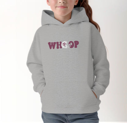 A model wears the Sport Grey Youth Unisex Texas A&M Retro Whoop Hooded Sweatshirt.  The ﻿Texas A&M Retro Whoop﻿ graphic is in bold Maroon in a Vintage style.