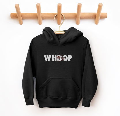 The Black Youth Unisex Texas A&M Retro Whoop Hooded Sweatshirt lays flat on a white background. The ﻿Texas A&M Retro Whoop﻿ graphic is in bold White in a Vintage style.