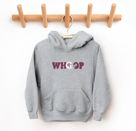 The Grey Youth Unisex Texas A&M Retro Whoop Hooded Sweatshirt lays flat on a white background. The ﻿Texas A&M Retro Whoop﻿ graphic is in bold Maroon in a Vintage style.