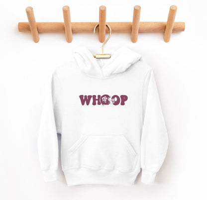 The White Youth Unisex Texas A&M Retro Whoop Hooded Sweatshirt lays flat on a white background. The ﻿Texas A&M Retro Whoop﻿ graphic is in bold Maroon in a Vintage style.