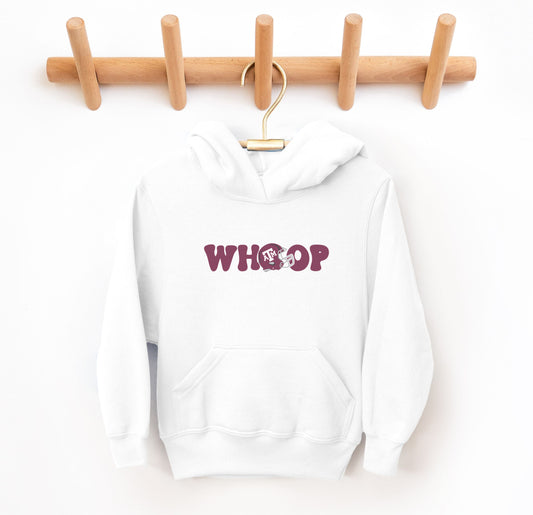 The White Youth Unisex Texas A&M Retro Whoop Hooded Sweatshirt lays flat on a white background. The ﻿Texas A&M Retro Whoop﻿ graphic is in bold Maroon in a Vintage style.