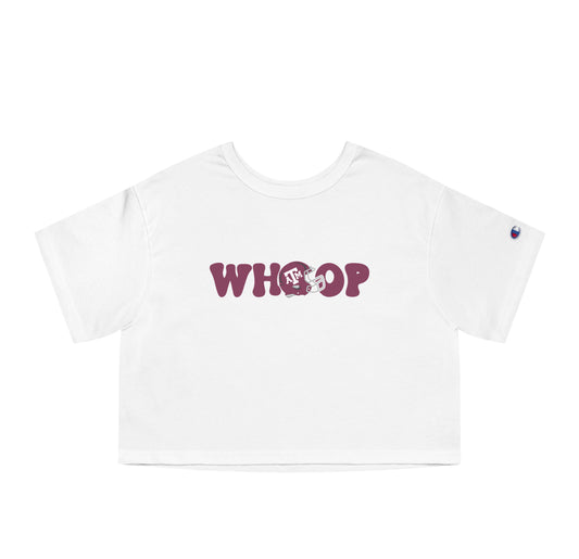 The White Adult Womens Texas A&M Retro Whoop Crop Top lays flat on a white background. The ﻿Texas A&M Retro Whoop﻿ graphic is in bold Maroon in a Vintage style.