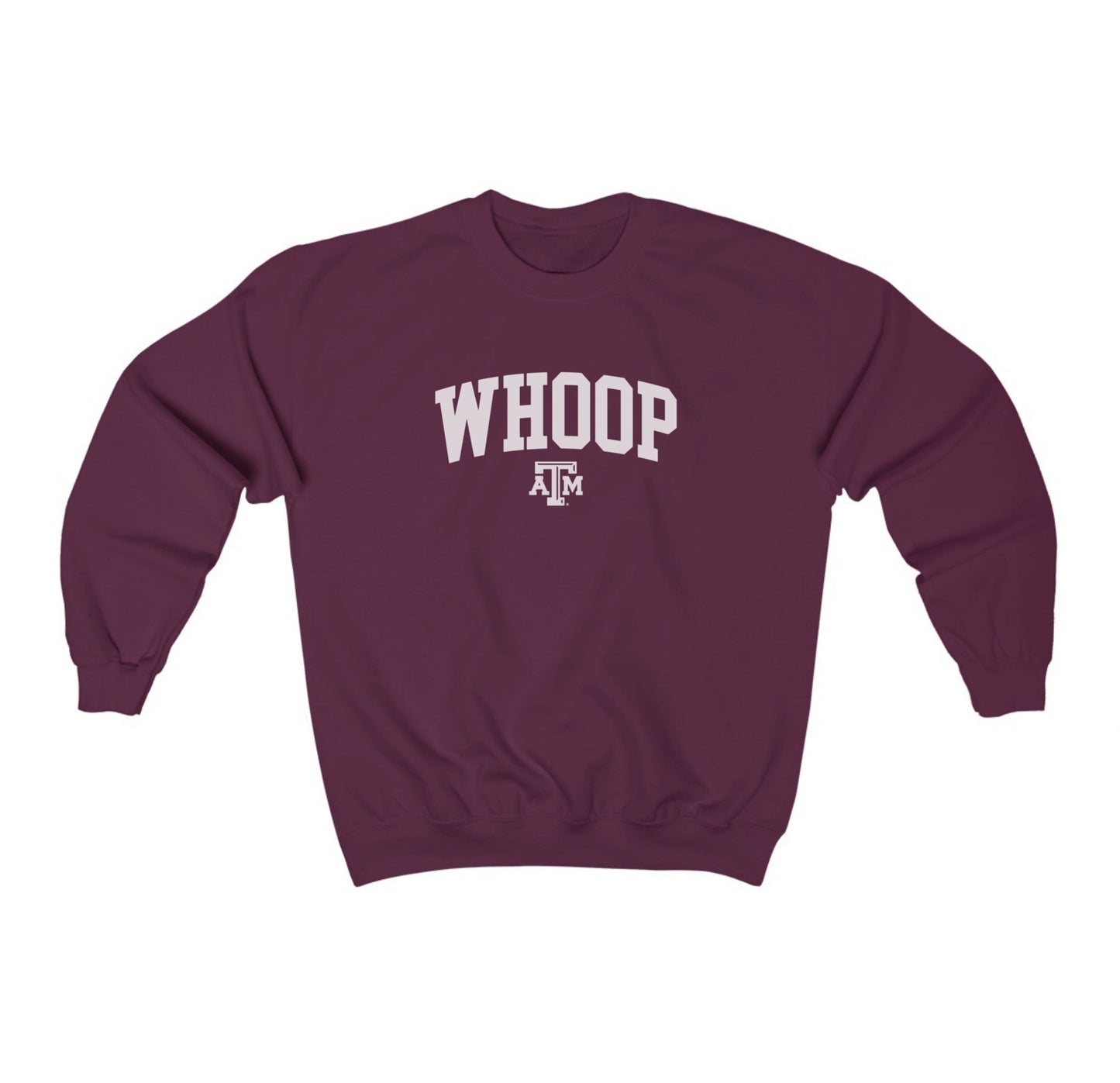 The Maroon Adult Unisex Texas A&M Whoop Collegiate Crewneck Sweatshirt lays flat on a white background. The ﻿Texas A&M Whoop Collegiate﻿ graphic is in bold White in a Varsity style.