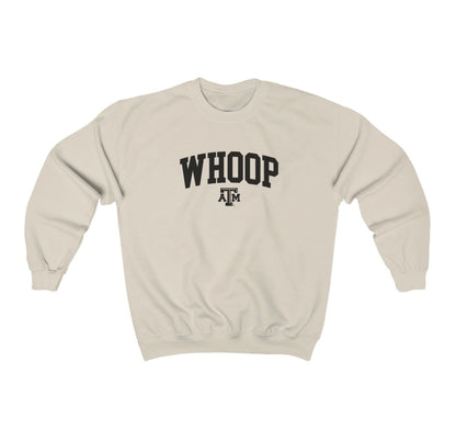 The Sand Adult Unisex Texas A&M Whoop Collegiate Crewneck Sweatshirt lays flat on a white background. The ﻿Texas A&M Whoop Collegiate﻿ graphic is in bold Black in a Varsity style.