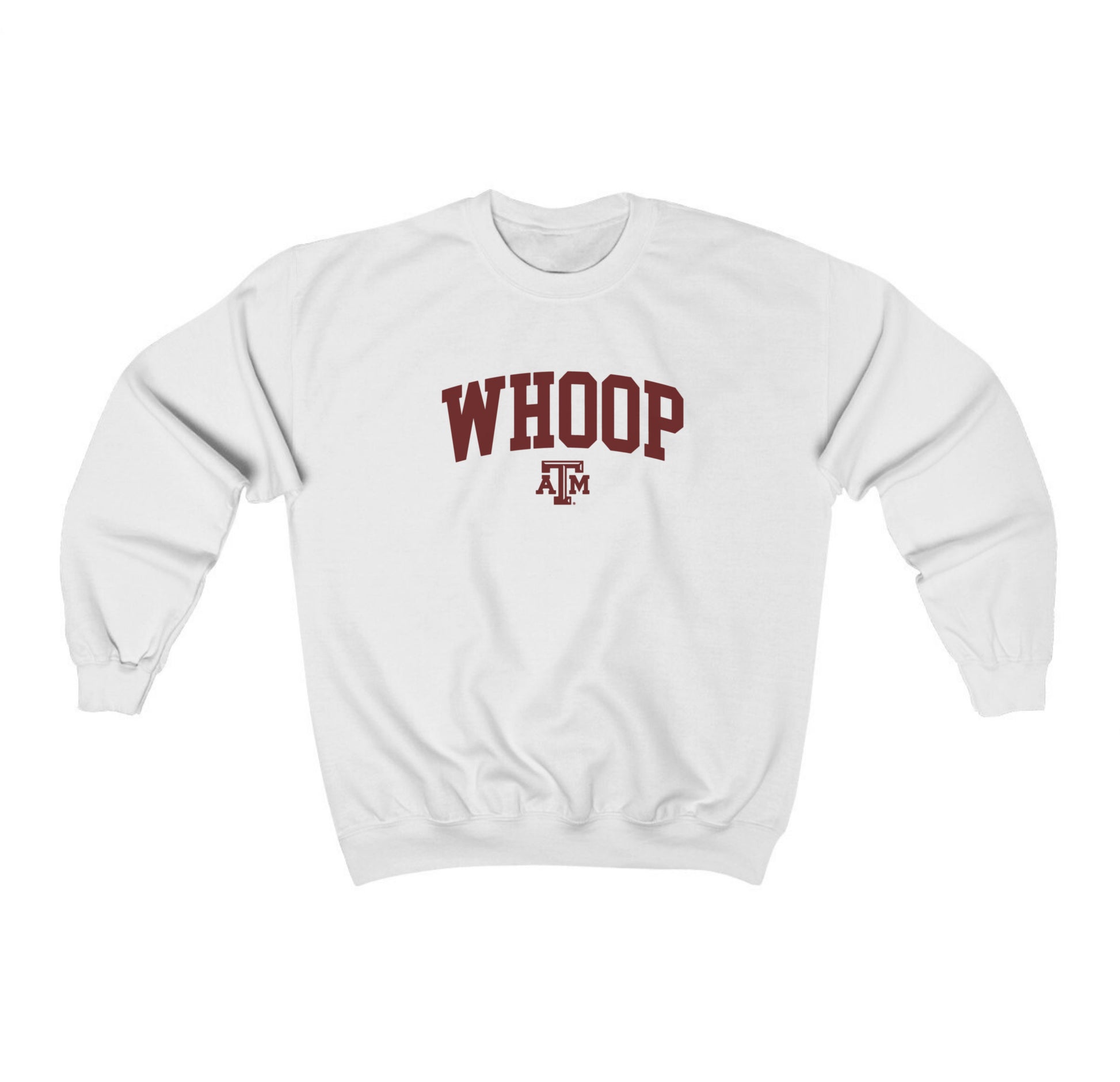 The White Adult Unisex Texas A&M Whoop Collegiate Crewneck Sweatshirt lays flat on a white background. The ﻿Texas A&M Whoop Collegiate﻿ graphic is in bold Maroon in a Varsity style.